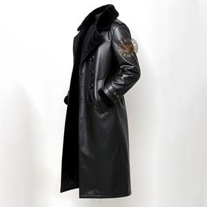 May include: A long black leather coat with a fur collar and a double breasted closure. The coat has a patch on the sleeve that says "Leather Planet".