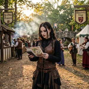 May include: A person wearing a brown leather lace-up corset vest over a black long-sleeved shirt and a brown skirt, holding a smartphone and a printed map. The person has dark hair styled with braids and wears silver rings on their fingers.