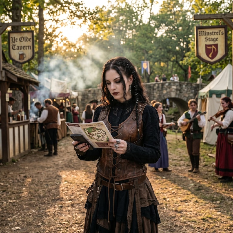 May include: A person wearing a brown leather lace-up corset vest over a black long-sleeved shirt and a brown skirt, holding a smartphone and a printed map. The person has dark hair styled with braids and wears silver rings on their fingers.
