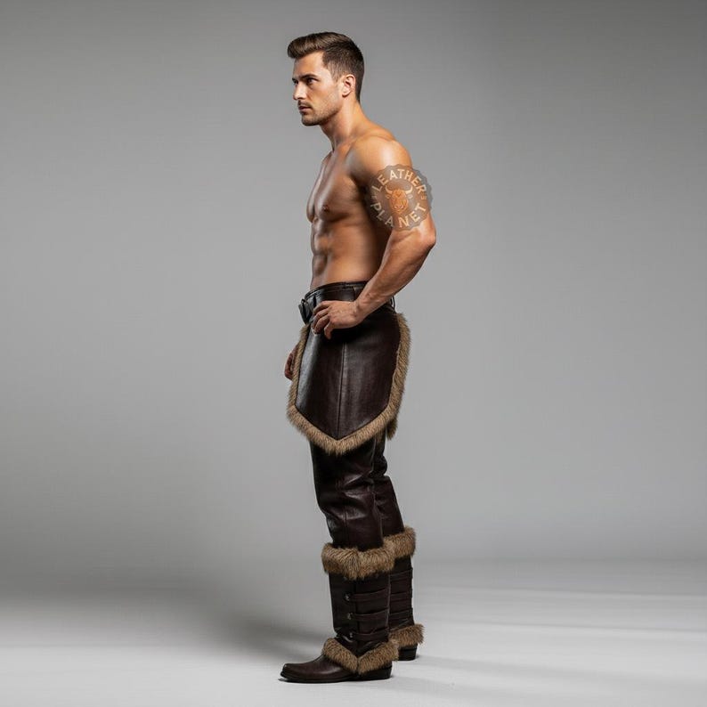 K&ouml;nnte beinhalten: Ein braunes Lederoutfit mit Fellbesatz. Das Outfit umfasst eine Hose und Stiefel sowie eine Ledersch&uuml;rze. Die Stiefel haben mehrere Schnallen. Das Model steht vor einem grauen Hintergrund.