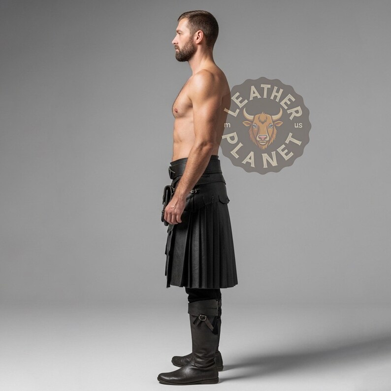 May include: A black leather kilt with pleated design, worn with matching knee-high boots. The kilt features a belt and pockets. The image includes a logo with the text "LEATHER PLANET US".