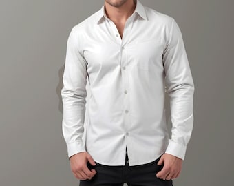 May include: A white long-sleeved button-down shirt with a pocket on the left chest.