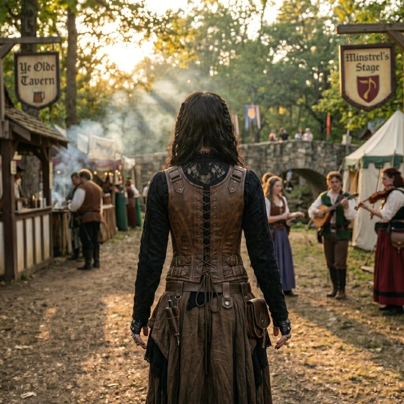 May include: A brown leather corset with a lace-up back, worn over a black long-sleeved top. The corset features multiple straps and buckles, with a small pouch attached to the side. The garment is paired with a long, dark brown skirt.
