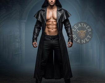 Handmade Men's Genuine Leather Hooded Coat | Custom Black Long Trench | Personalized Gothic Streetwear | Tailored Medieval Style