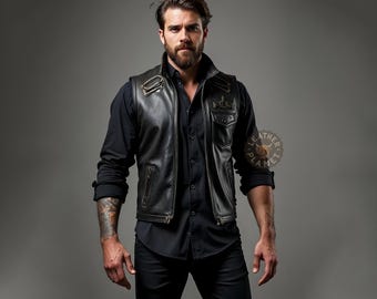Handgemaakt zwart leren bikervest voor heren | Lang cosplayvest van echt leer | Stijlvol motorvest voor heren | Bikervest | Cosplayvest