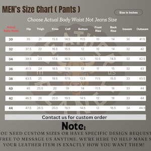 K&ouml;nnte beinhalten: Eine Gr&ouml;&szlig;entabelle f&uuml;r Hosen mit Ma&szlig;en in Zoll. Die Tabelle enth&auml;lt Ma&szlig;e f&uuml;r Taille, H&uuml;fte, Oberschenkel, Knie, Wade, Saum, vordere Leibh&ouml;he, hintere Leibh&ouml;he, Innenbeinl&auml;nge und Au&szlig;enbeinl&auml;nge. Text f&uuml;r Sonderanfertigungen.