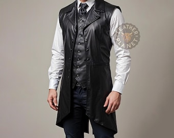 Custom Black Leather Cosplay Long Vest for Men | Men's Leather Duster Vest | Gothic Leather Vest | Custom Leather Costume Vest