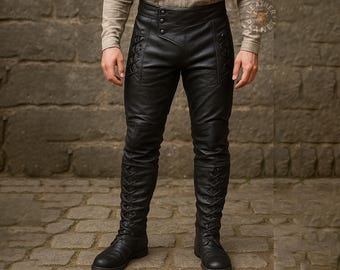 Schwarze Schnürlederhose für Herren | Handgefertigte Mittelalterliche Reiterhose | Custom Fit LARP Renaissance Fantasy Panzerhose