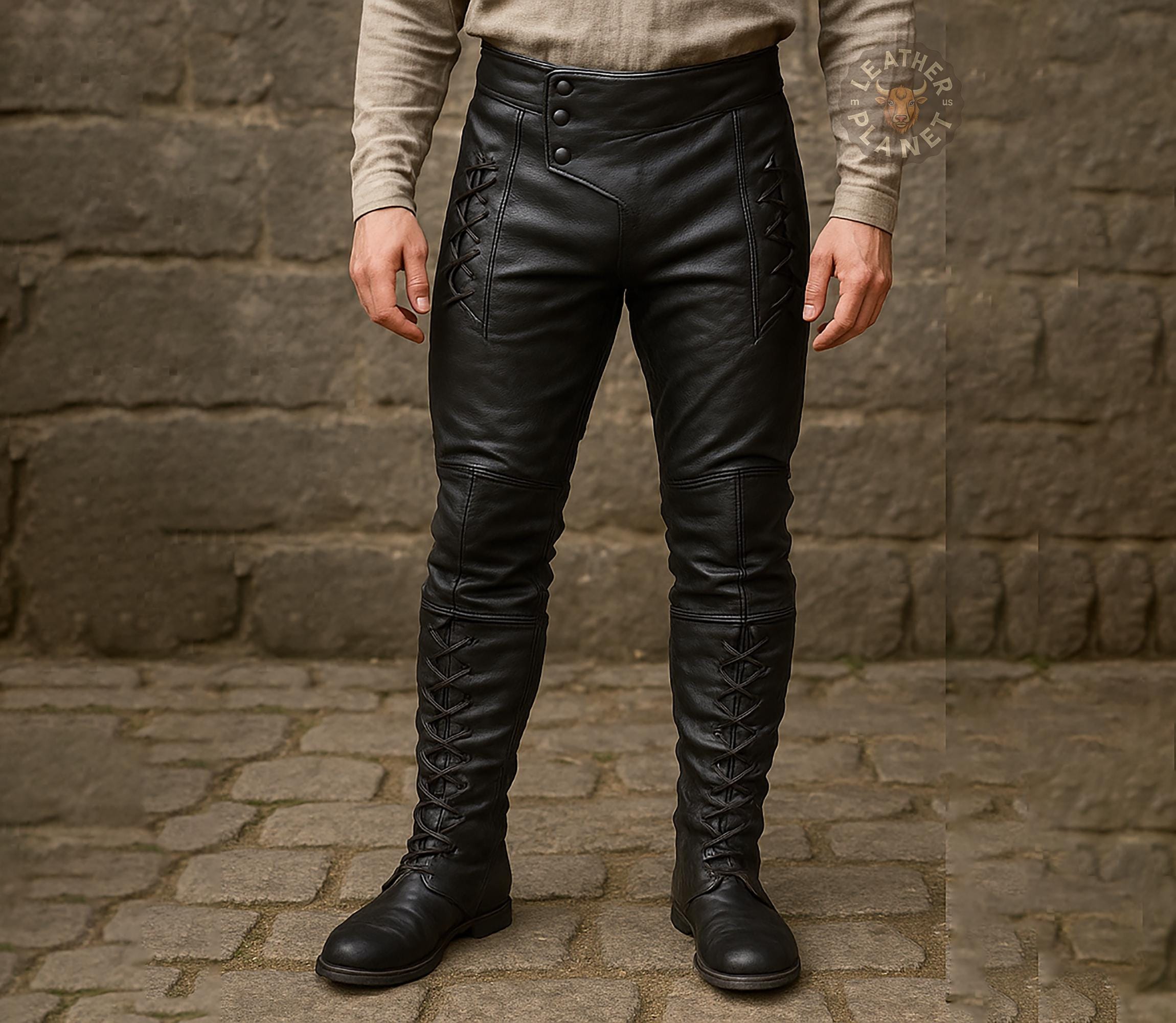 Calças de couro pretas com cadarço para homens Calças de