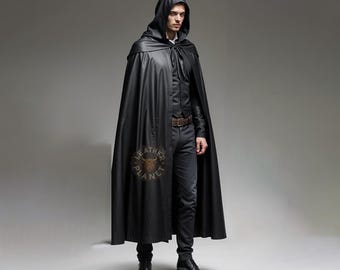 Genuine Black Leather Cloak for Men | Customizable Leather Overcoat | Stylish & Durable Cloak | Trendy Leather Outerwear for Men