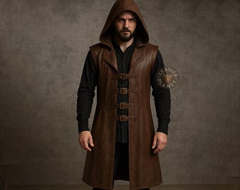 Custom Brown Leather Steampunk Long Vest with Hood for Men | Medieval Gothic Renaissance Cloak | Handmade