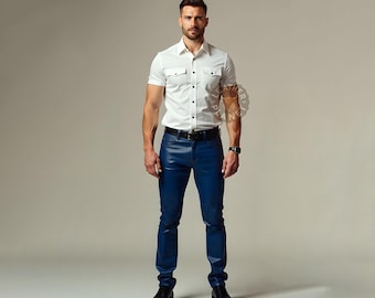 Genuine Leather Shirt & Pant Set | White Leather Shirt And Blue Pant | Premium Quality Leather Police Gear | Stylish Leather Outfit For Men