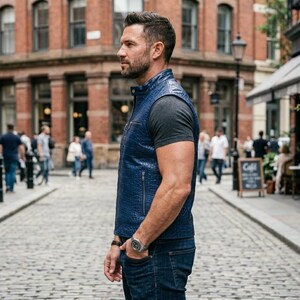 May include: A person wearing a blue textured vest over a grey t-shirt and blue jeans. They are standing on a cobbled street in front of a brick building. A watch is also visible on their wrist.