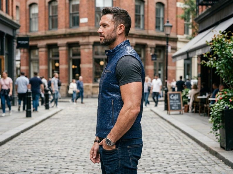 May include: A person wearing a blue textured vest over a grey t-shirt and blue jeans. They are standing on a cobbled street in front of a brick building. A watch is also visible on their wrist.