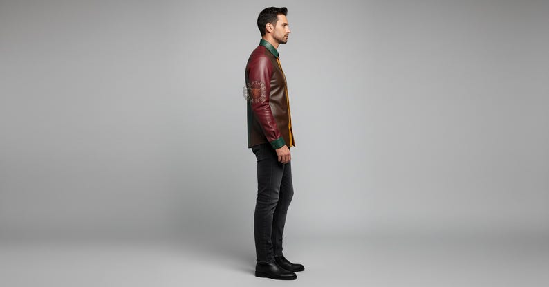 May include: A side view of a person wearing a leather jacket with a burgundy body, brown sleeves, and green and yellow accents. The person is also wearing black jeans and black boots. The background is a solid gray.