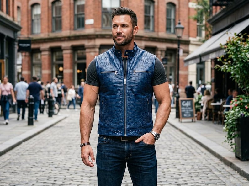 May include: A blue leather vest with a crocodile pattern, featuring a zip-up front and a stand-up collar. The vest is worn over a grey t-shirt and paired with blue jeans. A silver watch and a bracelet are visible.