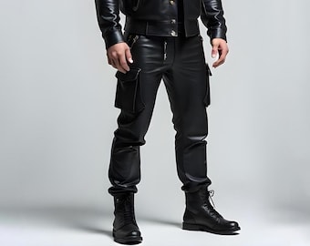 Handmade Black Leather Cargo Pant for Men | Stylish & Functional Design | Custom Sizes Available | Perfect Gift