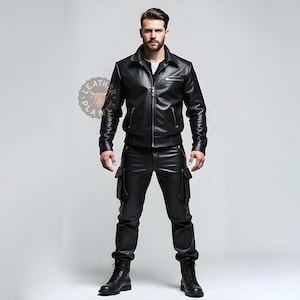May include: A black leather jacket with a zipper closure and multiple pockets. The jacket has a stand-up collar and a slim fit. The model is wearing black leather pants with cargo pockets.