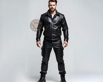 Premium Black Leather Jacket & Pants Set | Police Uniform Design | Tailored Fit | Custom Size Available | Perfect Gift