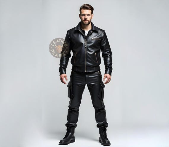 Premium Black Leather Jacket & Pants Set | Police Uniform Design | Tailored Fit | Custom Size Available | Perfect Gift