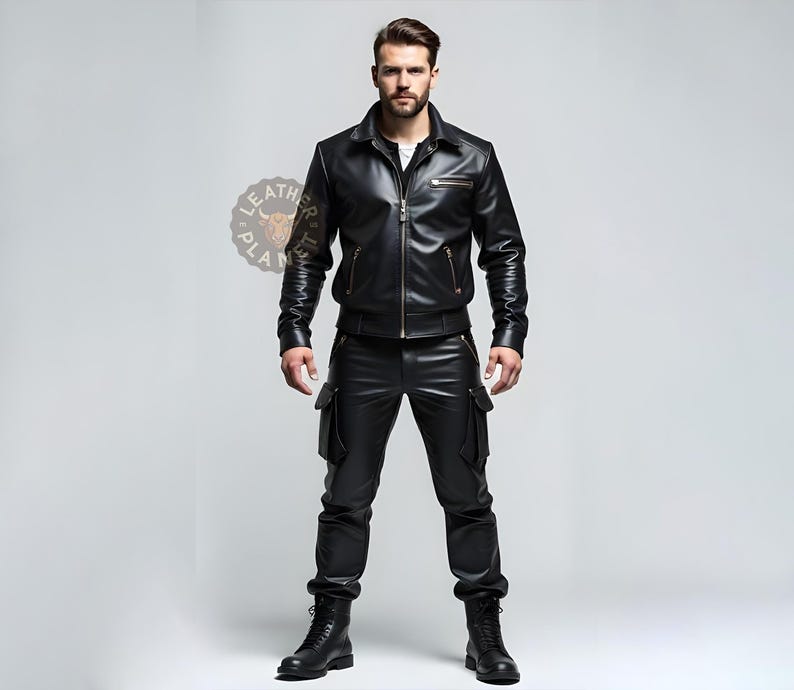 May include: A black leather jacket with a zipper closure and multiple pockets. The jacket has a stand-up collar and a slim fit. The model is wearing black leather pants with cargo pockets.
