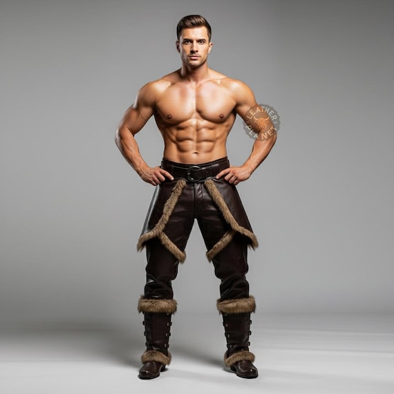 Handmade Men’s Brown Leather Pants with Fur Trim | Custom Viking Cosplay Trousers | Medieval Renaissance Festival Outfit