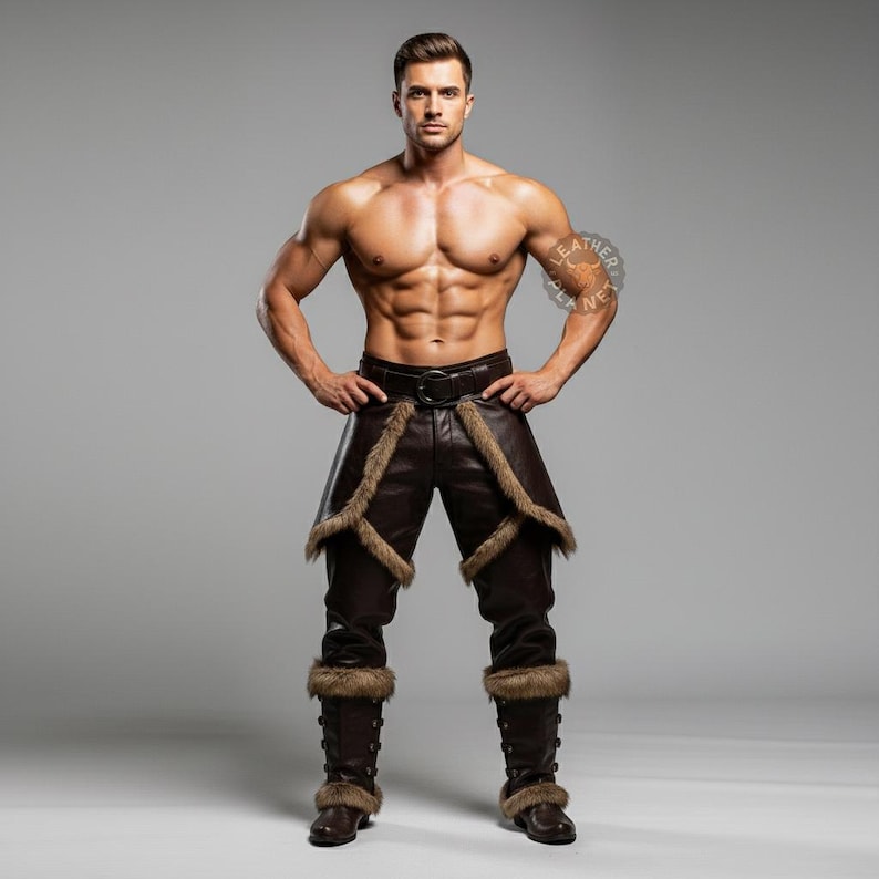 K&ouml;nnte beinhalten: Braune Lederhose mit Fellbesatz und passenden Stiefeln. Die Hose hat einen G&uuml;rtel mit silberner Schnalle. Die Stiefel haben Fellbesatz an der Ober- und Unterseite. Das Outfit ist ein einzigartiger Stil.