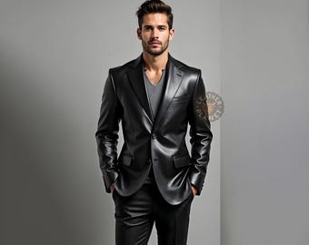May include: A black leather blazer with a two-button closure, paired with matching black trousers. The blazer features a notched lapel and two front pockets. The model is wearing a gray v-neck shirt underneath. The overall look is sleek and modern.