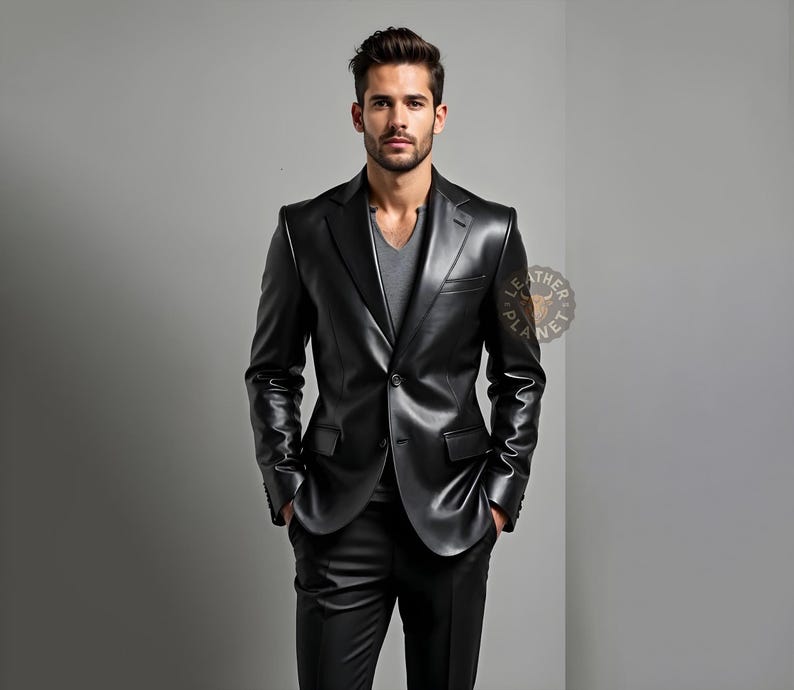 Pu&ograve; includere: Un blazer in pelle nera con chiusura a due bottoni, abbinato a pantaloni neri coordinati. Il blazer presenta revers a lancia e due tasche frontali. Il modello indossa una maglietta grigia con scollo a V. L'aspetto generale &egrave; elegante e moderno.
