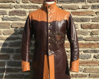 Handmade Genuine Leather Medieval Coat | Custom Brown & Tan Long Jacket | Renaissance Steampunk Outfit | Tailored Festival Wear