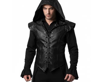 Custom Made Black Leather Halloween Long Vest with Hood | Gothic Cosplay Sleeveless Jacket | Medieval Vampire Hooded Coat