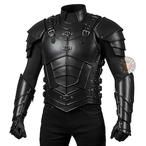 May include: Black leather armor with a segmented chest plate, shoulder pads, and forearm guards. The armor has buckles and straps.