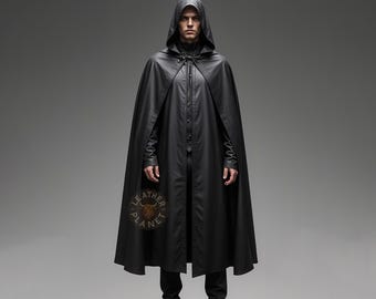 Genuine Black Leather Cloak for Men | Customizable Leather Overcoat | Stylish & Durable Cloak | Trendy Leather Outerwear for Men