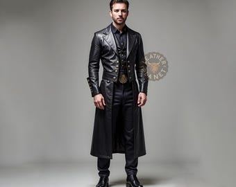 Custom Black Leather Long Vest | Men's Sleeveless Gothic Coat | Cosplay & Costume Vest Gothic Leather Vest | Custom Leather Costume Vest