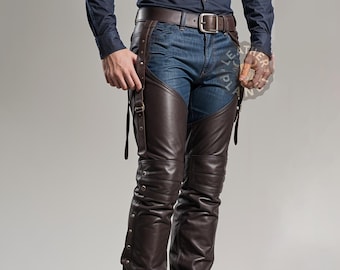 Chaparreras de cuero marrón genuino para hombre / Chaparreras de cuero auténtico para motociclistas / Equipo de cuero personalizado / Elegantes y duraderas / Perfectas para montar a caballo o para la moda