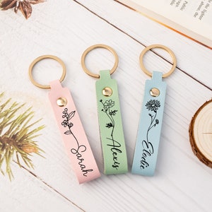 Personalisierter Leder Schlüsselanhänger mit Geburtsblume, Brautjungfer Geschenke, Schlüsselanhänger für Sie, Geburtstagsgeschenke, Brautparty Geschenke, Muttertagsgeschenke für Sie