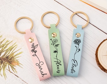 Custom Leather Keychain With Birth Flower, Bridesmaid Gifts