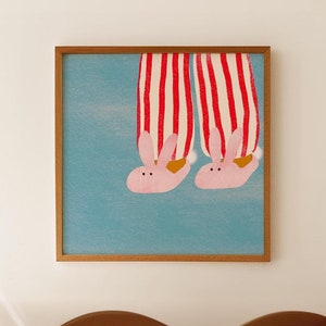 MIDDERNACHTSNACK | Bunny Pantoffels, Streepkunst, Streepprint, Blauw, Rood, Roze, Slaapkamerkunst, Slaapkamerprint, Kinderkamerkunst, Kinderkamer Print