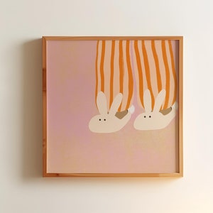MIDNIGHT SNACK - Cream | Bunny Slippers, Stripe Art, Stripe Print, Pink, Orange, Pink, Bedroom Art, Kids Room Art (Unframed)