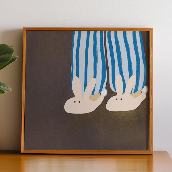 MIDNIGHT SNACK - Cookies | Bunny Slippers, Stripe Art, Stripe Print, Pink, Bedroom Art, Kids Room Art (Unframed)