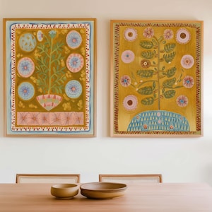 GROWTH TAPESTRY SET | Two Prints, Abstract Art, Watercolor Painting, Boho Print, Boho Decor, Gold, Bedroom Art, Boho Painting, Tapestry Art