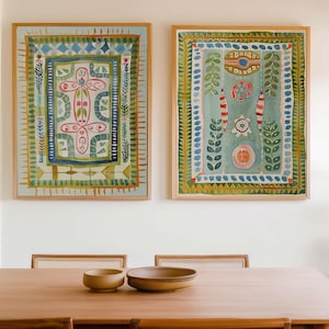 GREEN TAPESTRY SET | Two Prints, Abstract Art, Watercolor Painting, Boho Print, Boho Decor, Bedroom Art, Tapestry Art (Unframed)