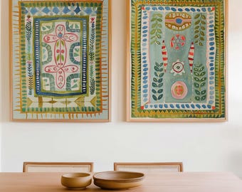 GREEN TAPESTRY SET | Two Prints, Abstract Art, Watercolor Painting, Boho Print, Boho Decor, Bedroom Art, Tapestry Art (Unframed)