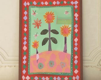 SUNFLOWERS | Abstract Art, Watercolor Painting, Boho Poster, Boho Print, Boho Decor, Red, Green, Boho Bedroom Art, Boho Painting (Unframed)