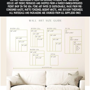 May include: A wall art size guide with different ratios and measurements in inches. The guide shows the dimensions of various print sizes, including 4x5, 3x4, 2x3, 1x1, and standard paper sizes like A1, A2, A3, and A4. The guide is displayed on a white wall with a white couch in the foreground.