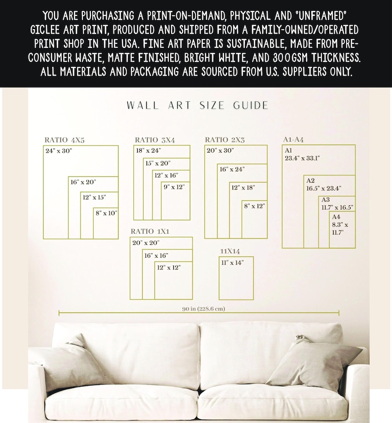 May include: A wall art size guide with different ratios and measurements in inches. The guide shows the dimensions of various print sizes, including 4x5, 3x4, 2x3, 1x1, and standard paper sizes like A1, A2, A3, and A4. The guide is displayed on a white wall with a white couch in the foreground.