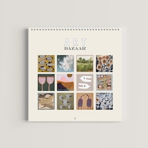 May include: A spiral-bound wall calendar with a cream-colored background featuring the text ART BAZAAR at the top. Below the text is a grid of twelve square illustrations depicting various subjects including birds, clouds, landscapes, and flowers.