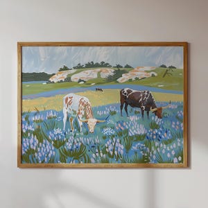 LONGHORNS GRAZING | Texas Longhorn Art, Texas Painting, Texas Print, Blue, Green, Hill Country, Living Room Art (Unframed)