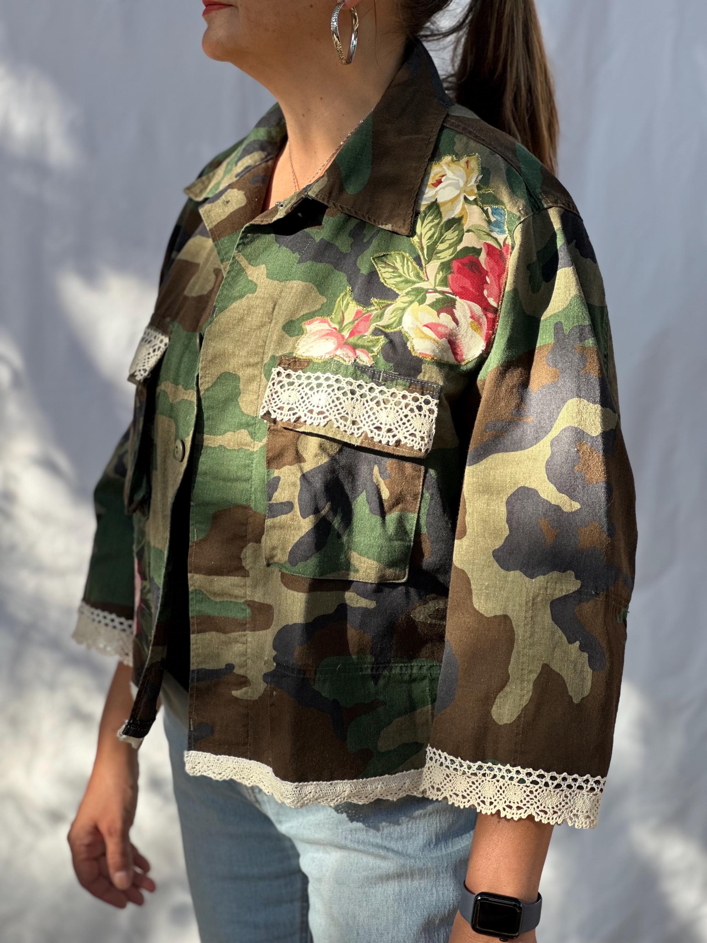 Upcycled Short-style Camo Military Jacket: Flower Appliqué, Lace 