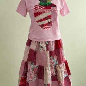 Real Patchwork Applique Strawberry T-Shirt - Youth & Adult Sizes - Handmade from upcycled fabric and lace